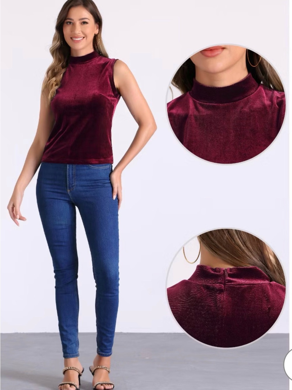Hot kiss Sleeveless Velvet Mock Neck Top - Burgundy